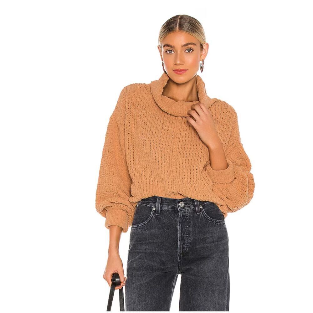 FREE PEOPLE Camel Brown Chenille Be Yours Pullover Oversize Boxy Knit Sweater XL